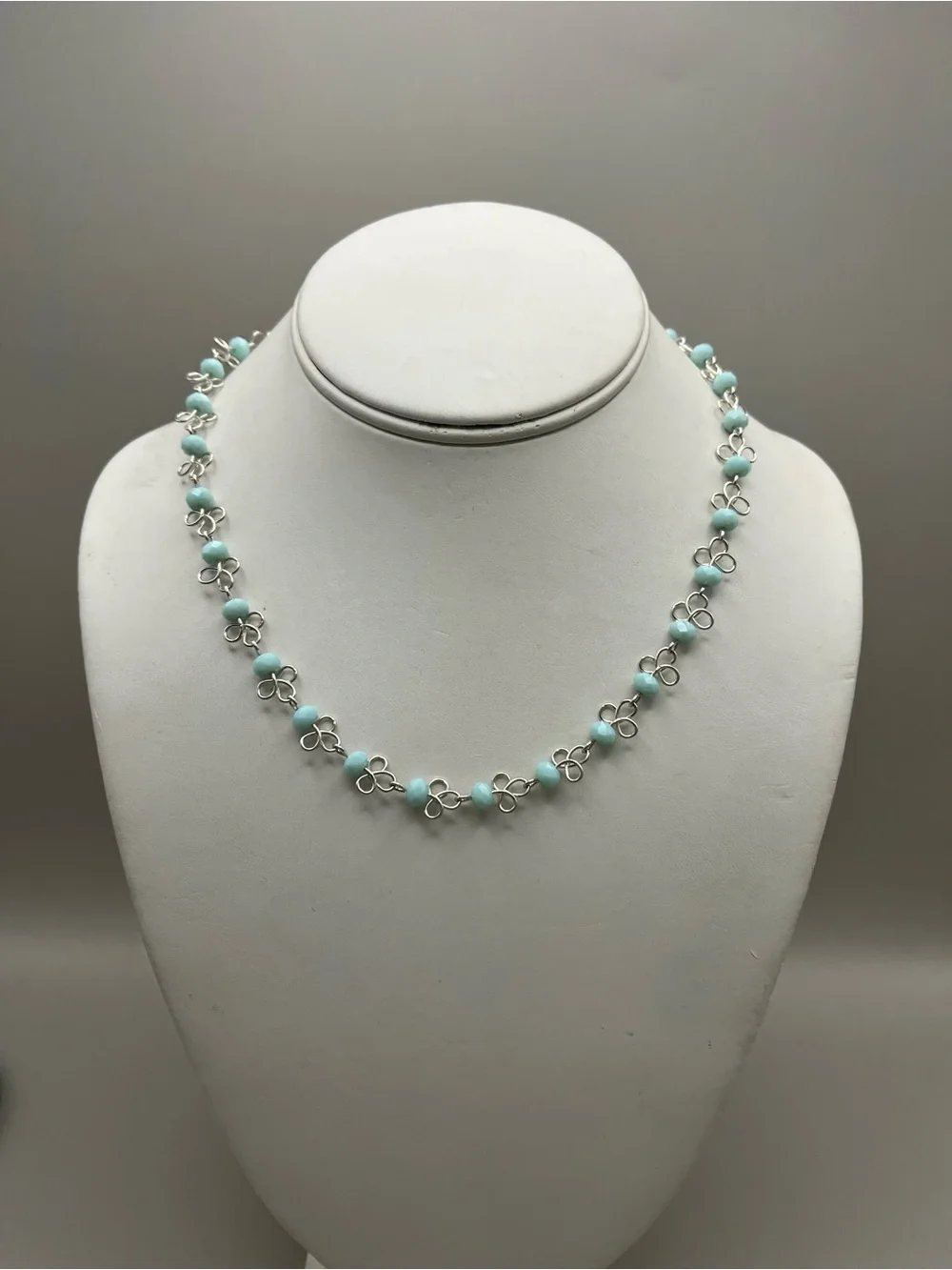 Sterling Silver Aqua Bead Floral Link Necklace - Women Jewelry